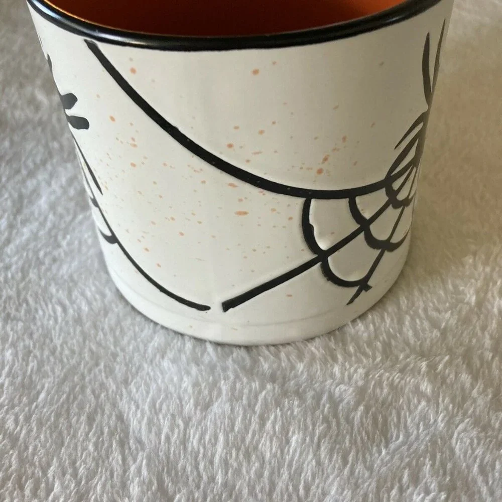 Large Global Design Halloween Coffee Mug Black Spider And Web Orange Inside New